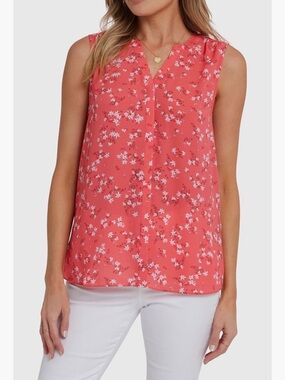 NYDJ Print Pleat Back Sleeveless Split Neck Blouse - Large